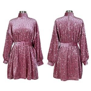 Nichole Lynel | Sequin Pink Velvet Belted Balloon Sleeve High Neck Mini Dress M